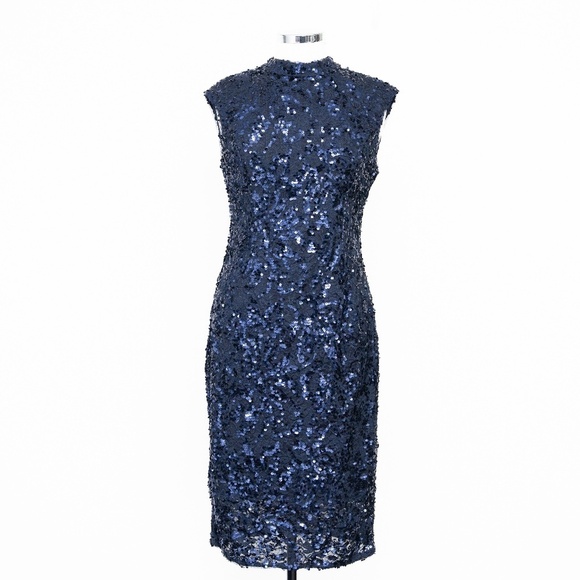 Adrianna Papell Sequin High Neck Lace Midi Dress - Picture 2 of 11